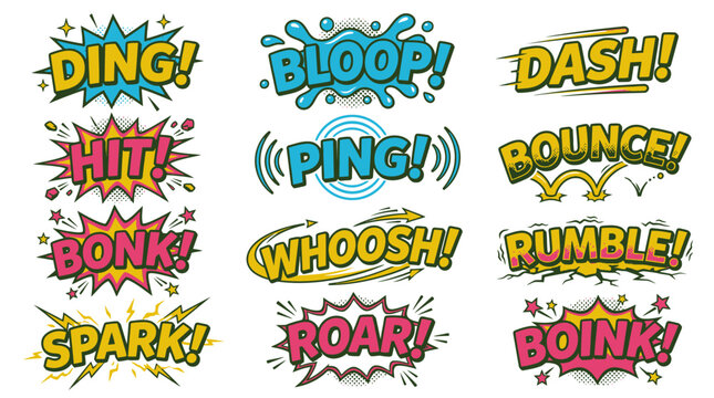 Fun and expressive onomatopoeia bubbles for comic designs.