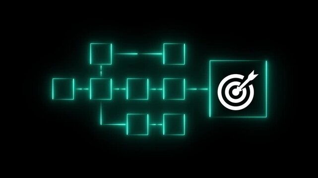 Business goal achievement, workflow and process automation flowchart. Glowing neon representing work process management and target icon on blue background.4k motion graphics video animation