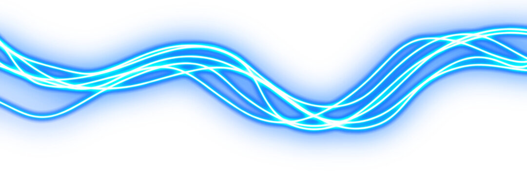 Glowing Blue Neon Wave Lines on Black Background, Transparent Overlay