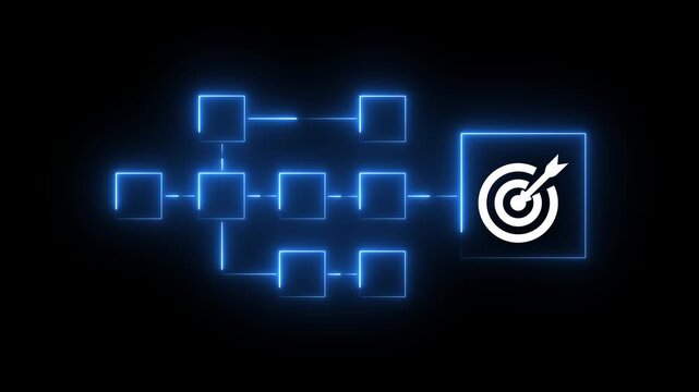 Business goal achievement, workflow and process automation flowchart. Glowing neon representing work process management and target icon on blue background.4k motion graphics video animation