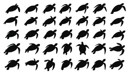 Fototapeta premium Sea turtles appear in a diverse collection of black silhouettes arranged in a grid to represent marine life biodiversity and ocean conservation efforts on a clean white background for graphic design.