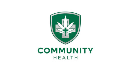 Fototapeta premium Community Health Logo Design featuring a Shield with a Cannabis Leaf and Cross Symbol