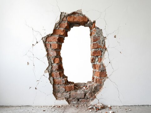  Large hole in a white plaster wall revealing old red bricks, concept of breakthrough, renovation or destruction