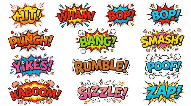 Cartoon sound effect bubbles including hit rumble and sizzle.