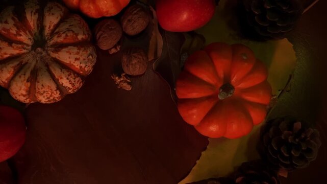 Detailed display of seasonal autumn produce items. Intimate perspective on harvest fruits and decorative gourds. Close inspection of autumnal harvest with mini pumpkins and mixed nuts on display