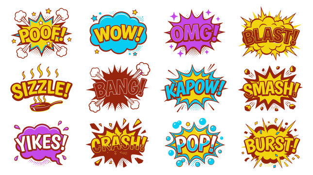 Explosive comic book sound effects for dynamic graphic design.
