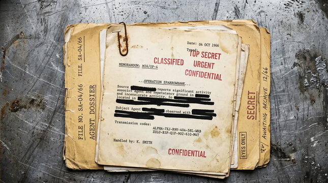 Vintage top secret classified agent dossier with redacted text on metal background