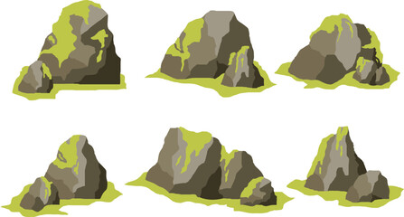 Flat Illustration of Mossy Gray Rocks and Boulders Set © kazanma73