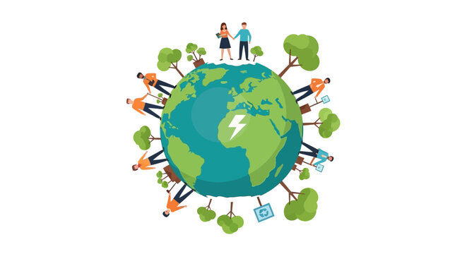 Pessoas diversas e &aacute;rvores em volta do globo terrestre, simbolizando sustentabilidade e comunidade global.