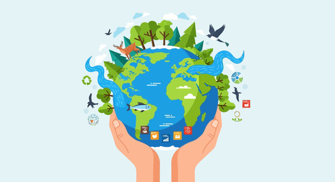M&atilde;os segurando o planeta Terra com elementos de natureza e sustentabilidade ao redor, simbolizando prote&ccedil;&atilde;o ambiental e ecologia.