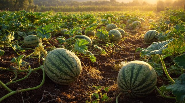 fertile. A sunlit field is filled with ripe melons on twisting vines. tutorial guides, club newsletters, designed for tourism and weekend activity guides, supports event promotion.