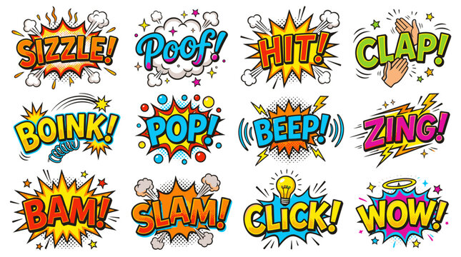 Cartoon sound effect stickers featuring Sizzle and Poof.