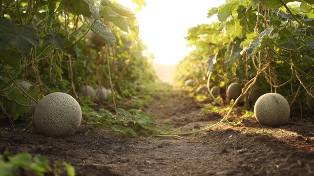 fertile. A sunlit field is filled with ripe melons on twisting vines. tutorial guides, club newsletters, designed for tourism and weekend activity guides, supports event promotion.