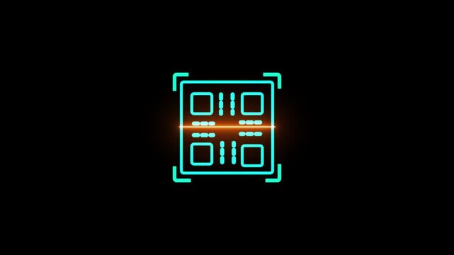 Dummy QR code scanning neon animation on black background in 4k resolution for modern tech visuals
