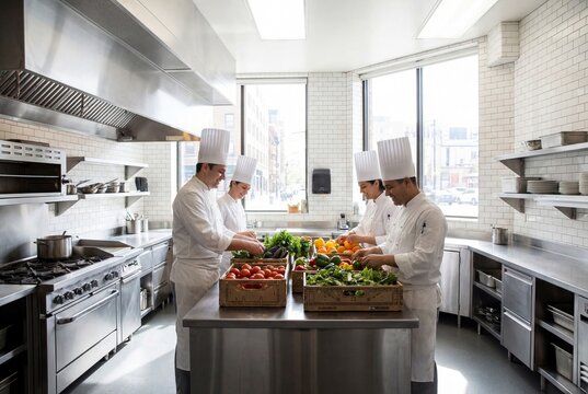 Group of Professional Chefs Sorting Fresh Vegetables in Commercial Kitchen