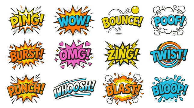 Expressive comic book sound effects and vibrant action stickers.
