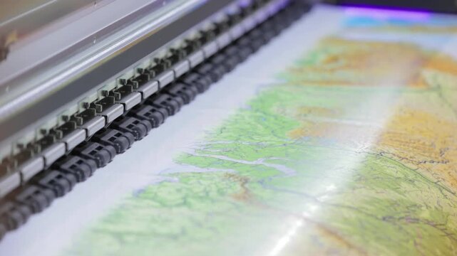 Industrial large format uv inkjet printer head moves across topographic map surface in production facility.