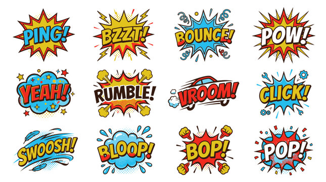 Fun comic sound effects onomatopoeia bubbles set.