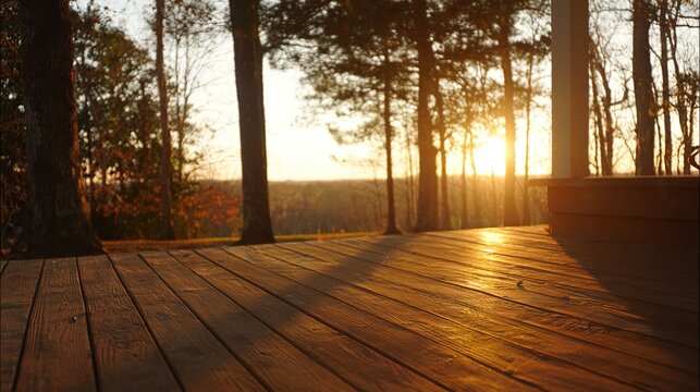 extension. Wooden deck stretching toward the horizon under a golden sunset, with silhouetted trees softly blurred. inspiring travel planning.
