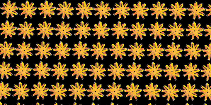 Seamless pattern of golden floral ornaments on black background. Elegant geometric mandala texture for luxury fabric, wallpaper, wrapping, and textile design.