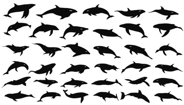Orca silhouettes display a comprehensive collection of killer whale swimming poses that are perfect for marine life educational materials, ocean conservation campaigns, and aquatic graphic design.
