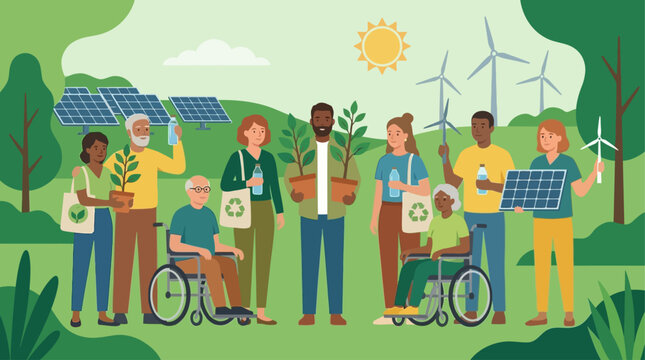 Grupo diverso de pessoas promovendo sustentabilidade e energia renov&aacute;vel em um ambiente verde.