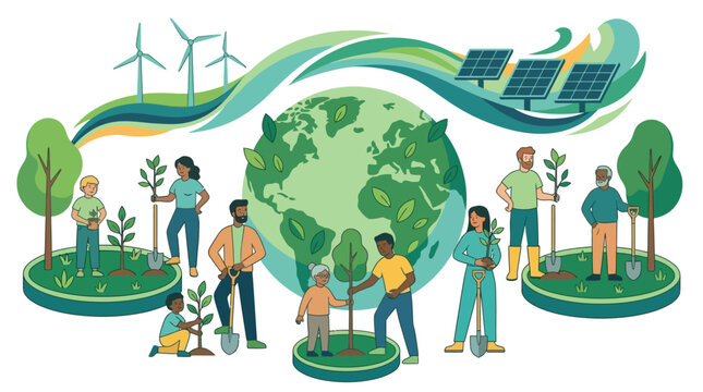Pessoas de diversas idades e etnias plantando &aacute;rvores ao redor do globo, com turbinas e&oacute;licas e pain&eacute;is solares ao fundo, simbolizando sustentabilidade ambiental e energia renov&aacute;vel.