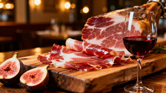 Jamon Iberico with red wine and fresh figs on wooden board  