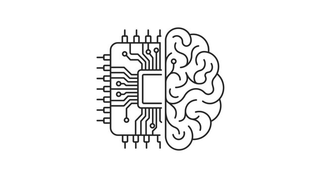 Half human brain and half digital microchip hybrid icon.