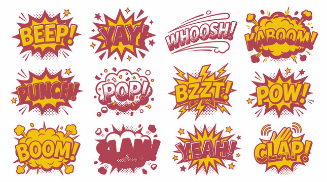 Halftone textured comic sound effects in warm tones set.