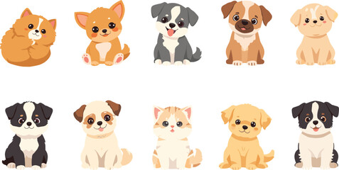 Obraz premium Cute Cartoon Puppy and Kitten Character Set with Diverse Little Dog and Cat Breeds for Stickers, Children Designs, and Baby Patterns