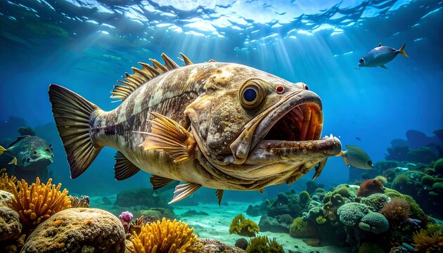 Large Predatory Fish Swimming Above Coral Reef in Clear Blue Ocean