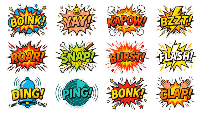High contrast Boink and Kapow comic onomatopoeia set.
