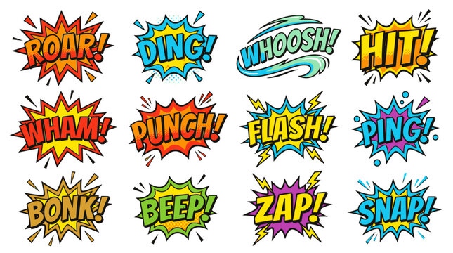 High contrast comic book action sound effect bubbles set.