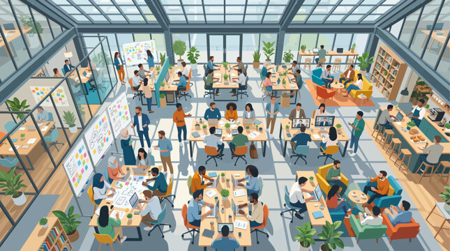 Dynamic open-plan office space bustling with diverse professionals collaborating and working in a modern, light-filled environment with collaborative zones and individual workspaces