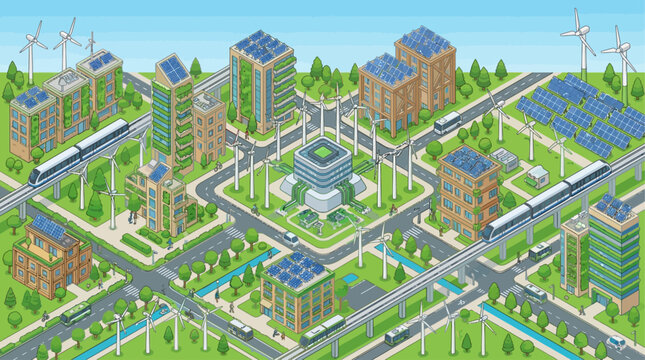 Vista isom&eacute;trica de uma cidade futurista e sustent&aacute;vel com edif&iacute;cios verdes, pain&eacute;is solares, turbinas e&oacute;licas e transporte p&uacute;blico eficiente.