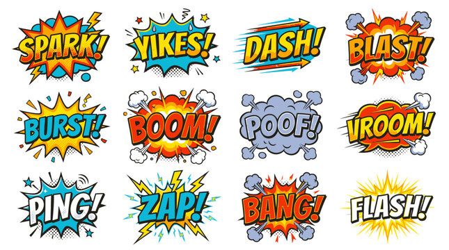 High-energy comic sound effect icons for graphic art.