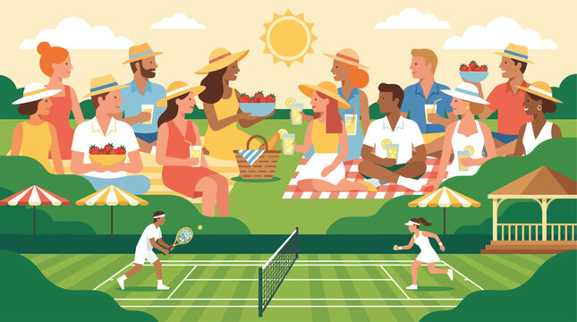 Pessoas diversas desfrutando de um piquenique ensolarado e um jogo de t&ecirc;nis em um dia de ver&atilde;o vibrante.