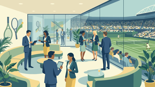 Pessoas em trajes de neg&oacute;cios socializando em um lounge moderno com vista para uma partida de t&ecirc;nis em um est&aacute;dio.
