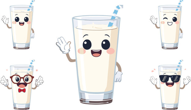 Cute Glass of Milk Mascot Character Set with Winking and Waving Expressions Wearing Sunglasses and Eyeglasses for Healthy Dairy Nutrition Graphics