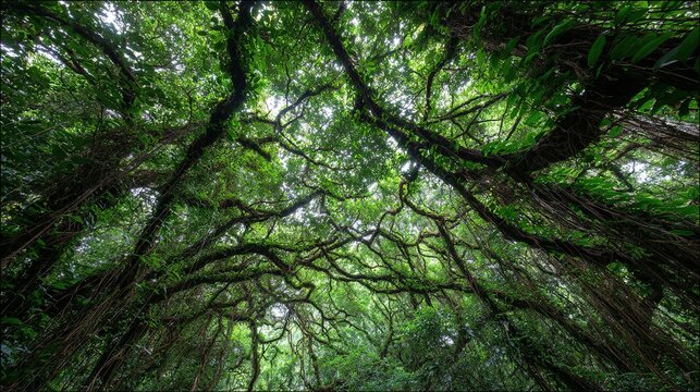 intertwined. Dense rainforest canopy with intertwined vines and filtered sunlight through lush foliage. travel magazines, destination branding, designed for travel destination branding.