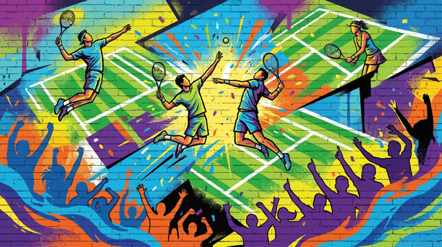 Ilustra&ccedil;&atilde;o vibrante de jogadores de t&ecirc;nis em quadras coloridas com uma multid&atilde;o animada, estilo grafite.