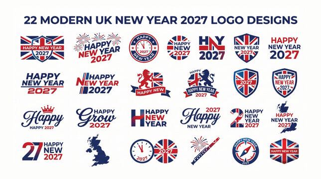 22 modern uk new year 2027 logo design collection with union jack theme british flag great britain collection celebration patriotic fireworks greeting seasonal creative template