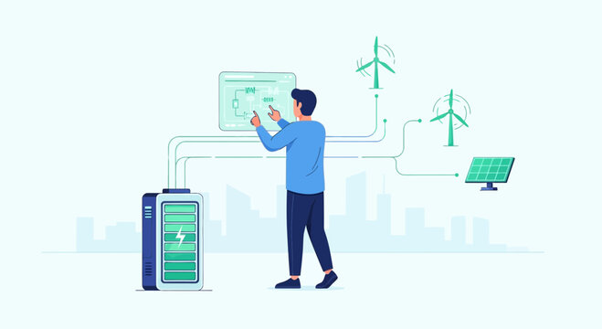 Man controlling renewable energy systems and battery storage for smart grid