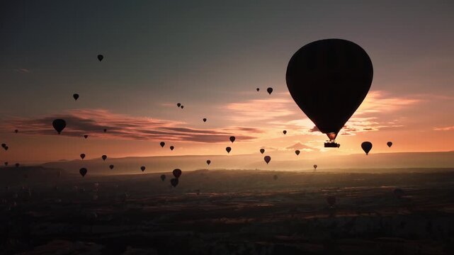 Silhouetted hot air balloons against sunrise sky filmed by drone in Cappadocia. Low angle capture emphasizes single balloon in foreground with soft sun flare and distant convoy. Travelling concept