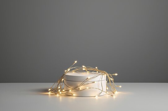 Product display stand with string lights glowing