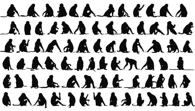 Monkeys sit in a vast array of unique poses depicted through detailed black silhouettes that are organized in a grid format to offer versatile design assets with plenty of white copy space.