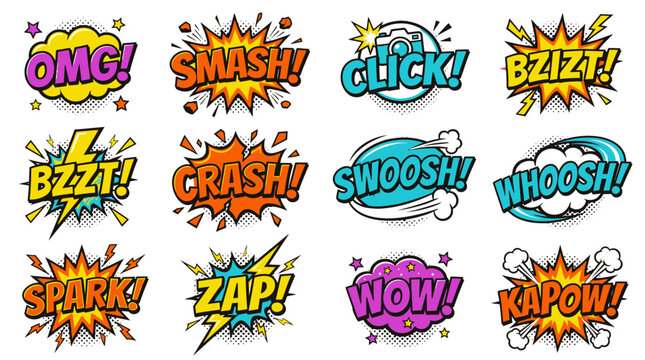 Retro comic style sound bubbles featuring omg smash and zap.