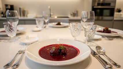 Fototapeta premium Elegant table setting with red sauce dish and wine glasses.