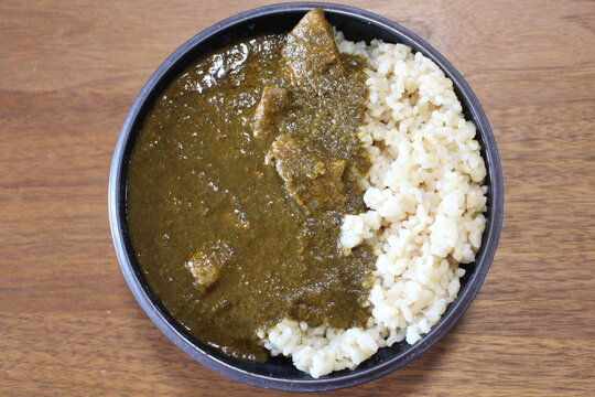 Instant chicken saag (Indian chicken and spinach curry) purchased in Tokyo, Japan